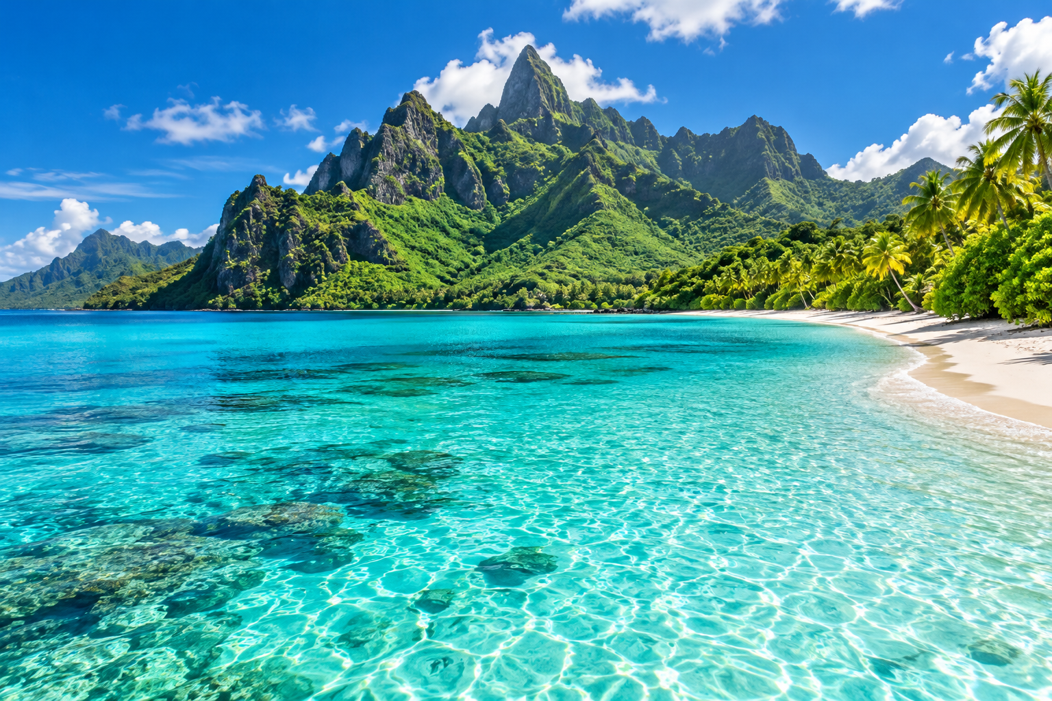 Tropical beach and green mountains illustrating the viewer